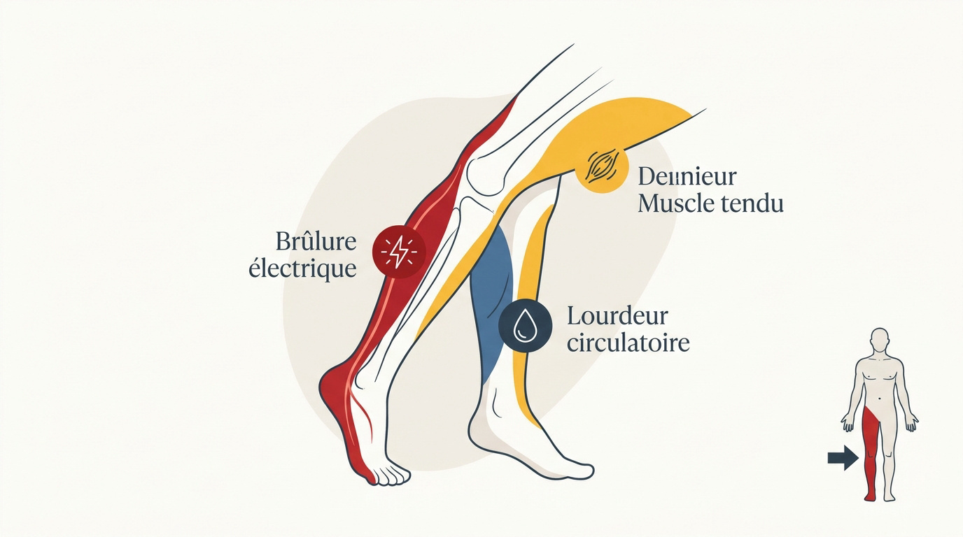 Schéma anatomique illustrant les zones de douleur à la jambe gauche