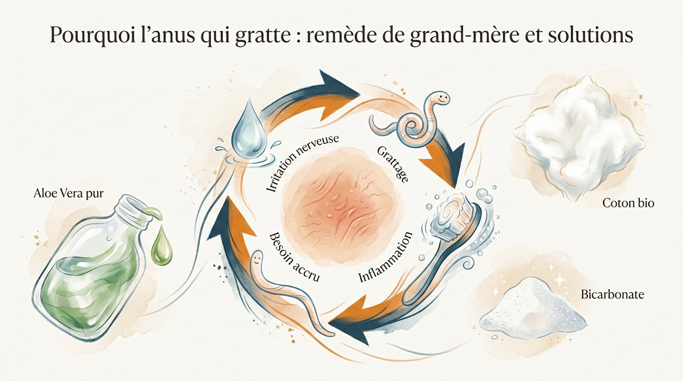 Schéma expliquant le cycle du prurit anal et les solutions naturelles pour apaiser la peau
