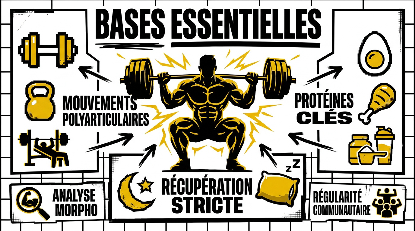 Infographie des bases essentielles de la musculation et exercices fondamentaux