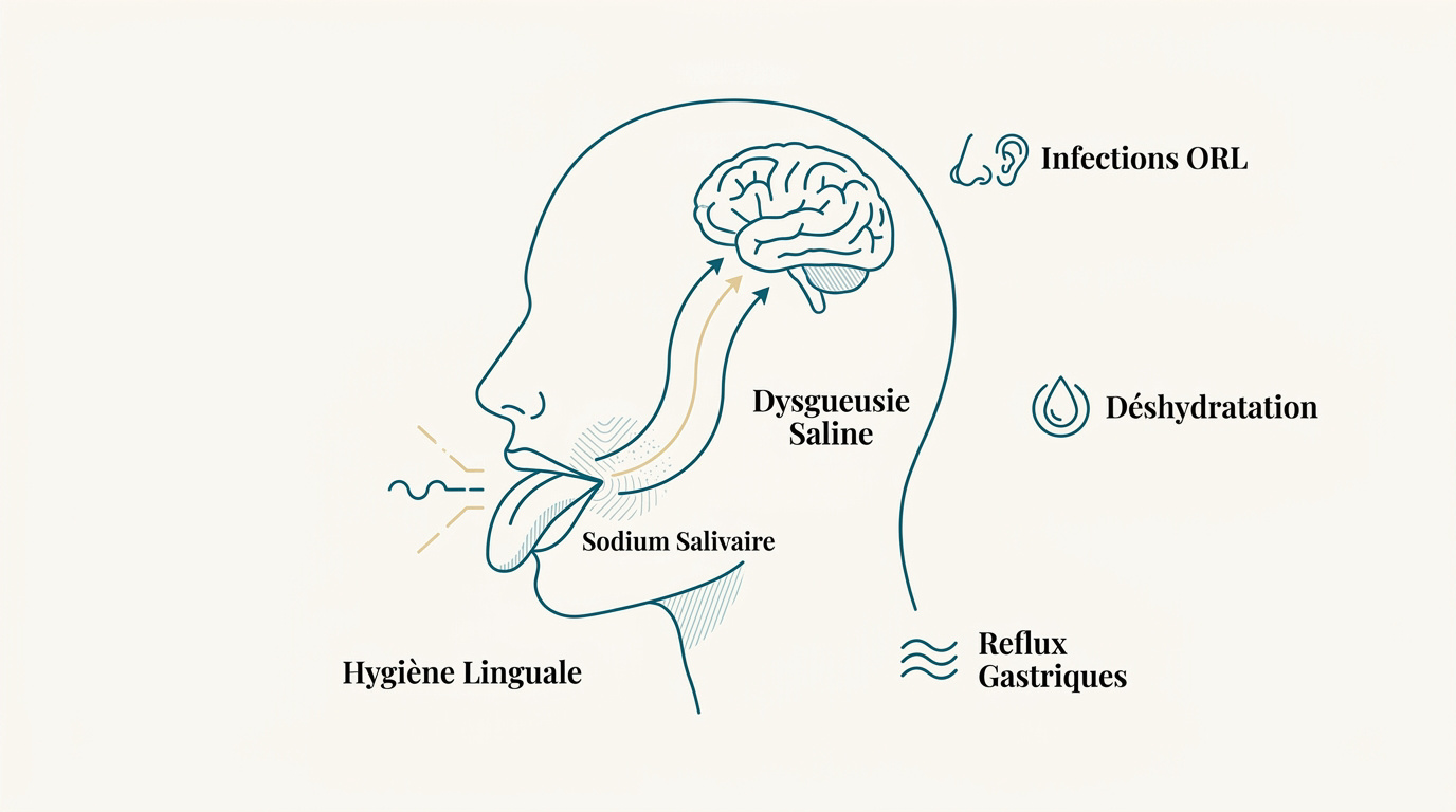 Illustration des mécanismes de la dysgueusie et du goût salé en bouche