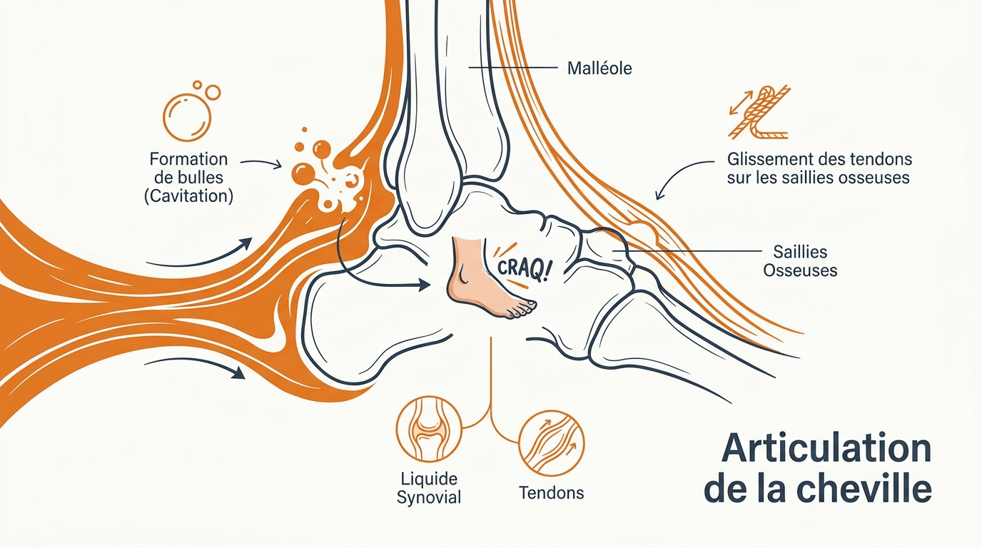 Schéma explicatif de l'articulation de la cheville et du phénomène de cavitation