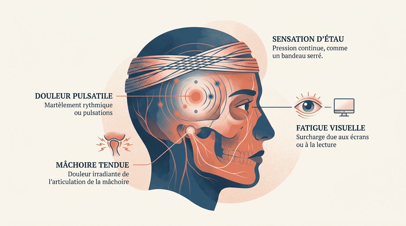 Schéma explicatif des différentes zones de douleur crânienne et leurs causes potentielles