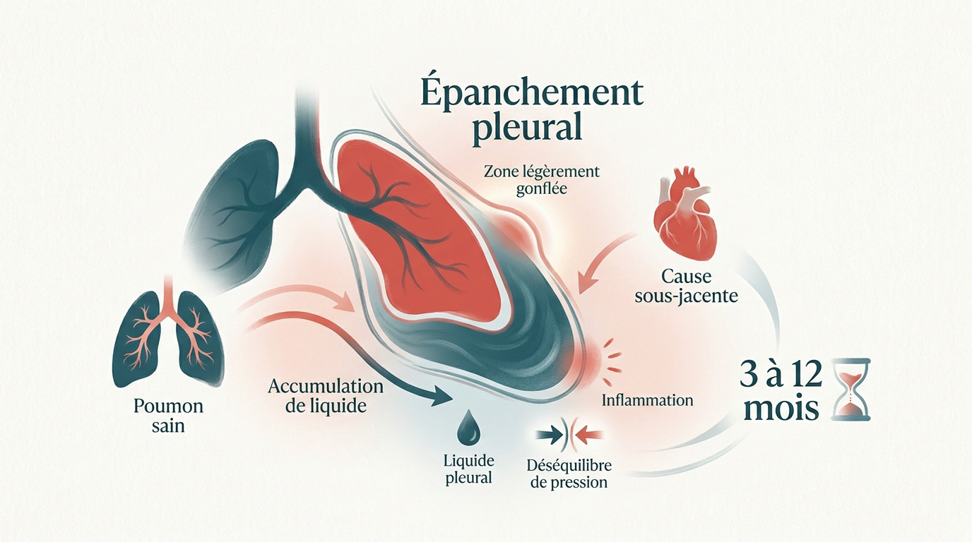 Illustration médicale montrant une accumulation de liquide dans la cavité pleurale entourant les poumons