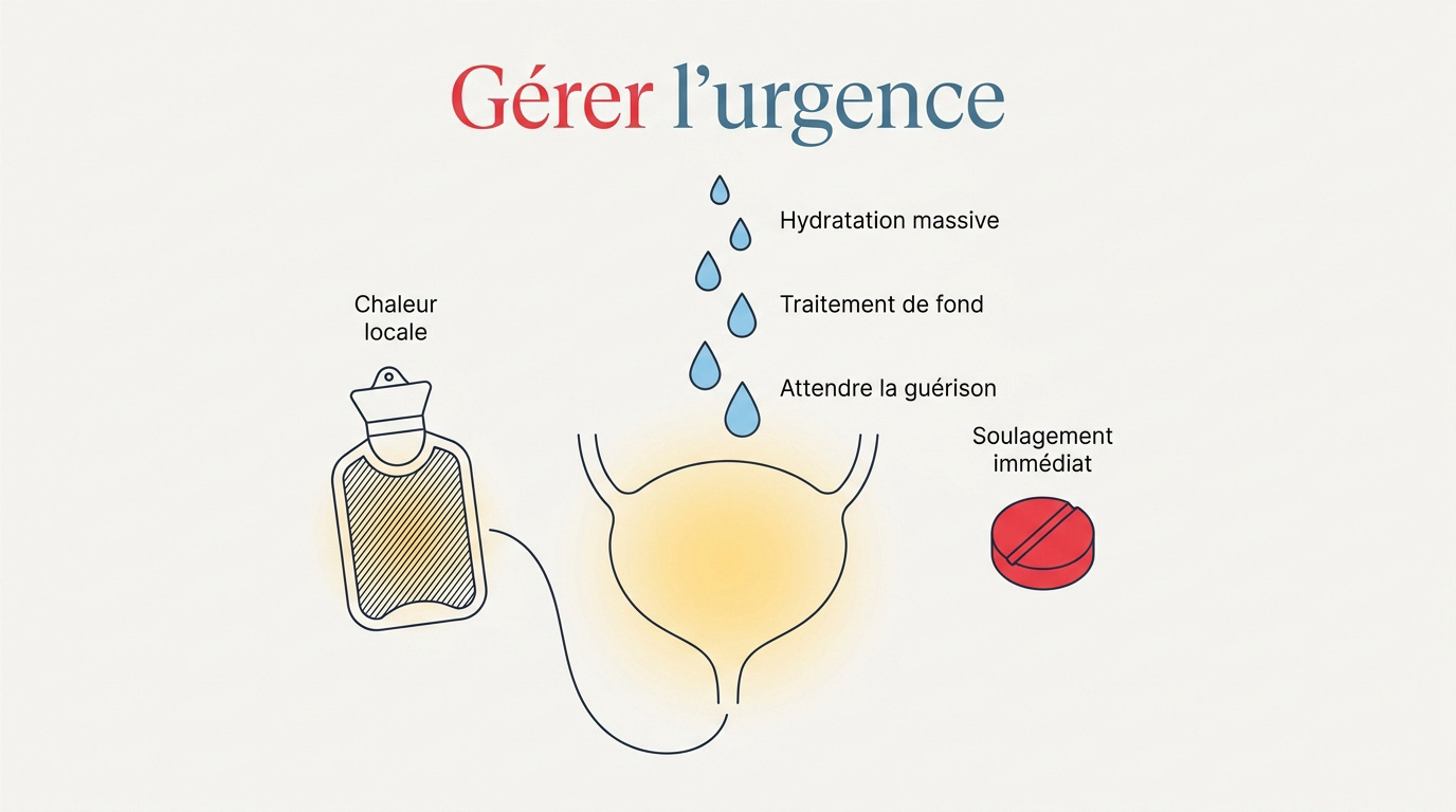 Femme appliquant une bouillotte sur son bas-ventre pour soulager une infection urinaire