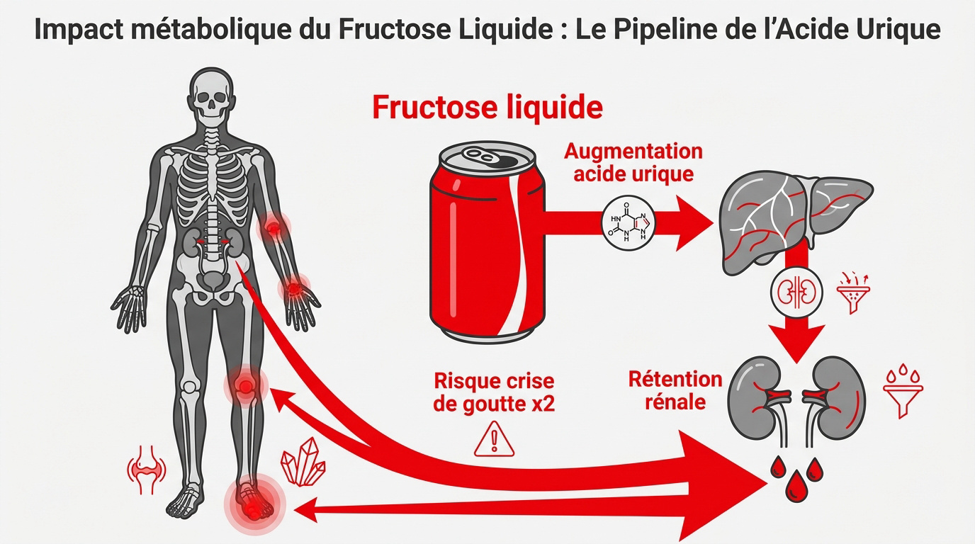 Schéma du métabolisme du fructose et production d'acide urique hépatique