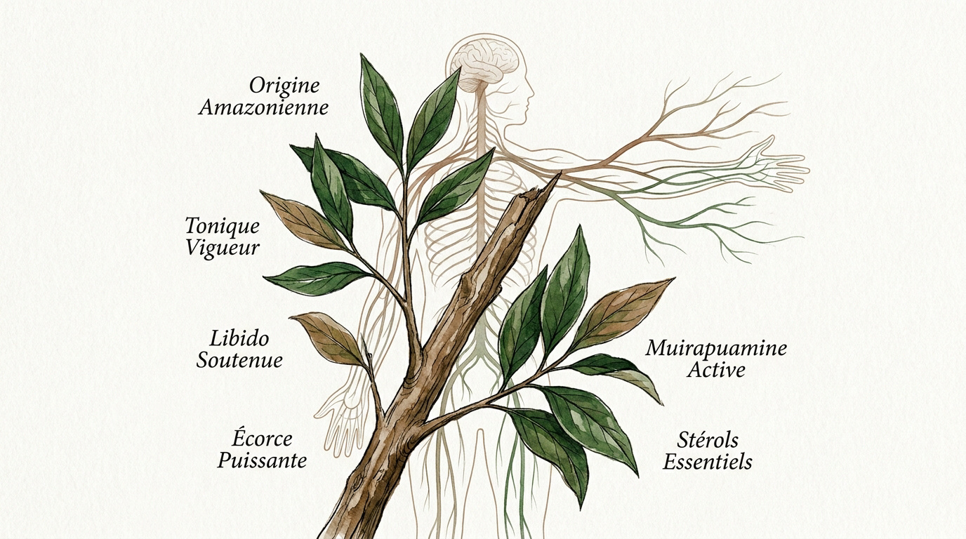 Écorce de Muira Puama et détails botaniques de l'arbre amazonien